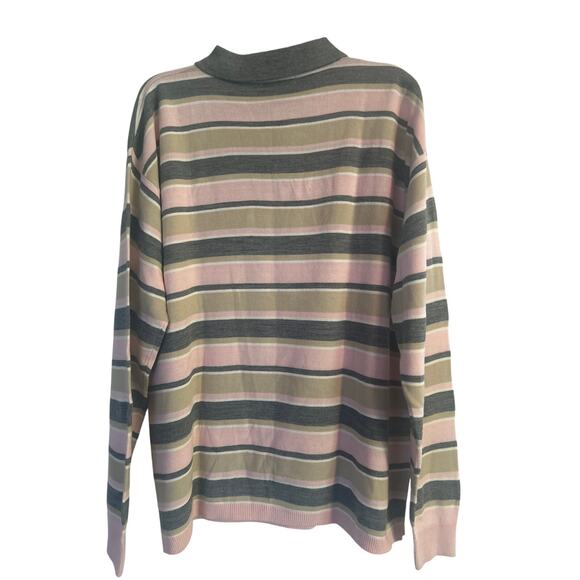 GUC Koman Sport Men's Collared 3 Button Green/Pink Stripe Sweater Size Large - Picture 3 of 5